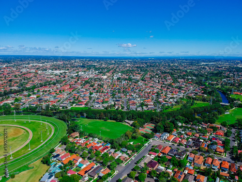 Drone Aerial view of Suburban federation residential house in Sydney NSW Australia