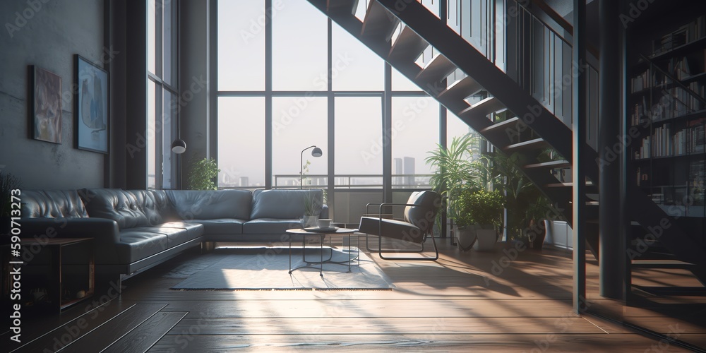 Loft. Studio apartment with an open plan in dark colors. Modern loft apartment with wooden beams, simple modern furniture, brick wall. Loft interior. Generative AI Loft. Studio apartment with an open plan in dark colors. Modern loft apartment with wooden beams, simple modern furniture, brick wall. Loft interior. Generative AI