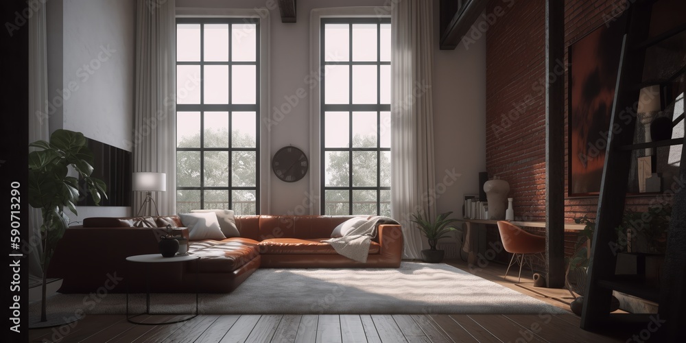 Loft. Studio apartment with an open plan in dark colors. Modern loft apartment with wooden beams, simple modern furniture, brick wall. Loft interior. Generative AI Loft. Studio apartment with an open plan in dark colors. Modern loft apartment with wooden beams, simple modern furniture, brick wall. Loft interior. Generative AI