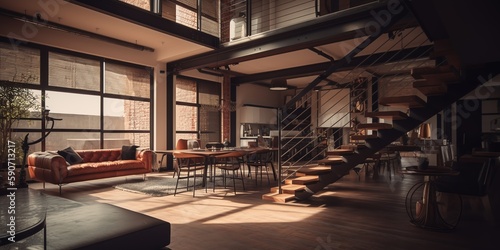 Loft. Studio apartment with an open plan in dark colors. Modern loft apartment with wooden beams, simple modern furniture, brick wall. Loft interior. Generative AI © Ruslan Shevchenko