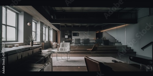 Loft. Studio apartment with an open plan in dark colors. Modern loft apartment with wooden beams, simple modern furniture, brick wall. Loft interior. Generative AI © Ruslan Shevchenko