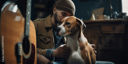 Man sitting in armchair and playing guitar for dog Generative AI © bahadirbermekphoto