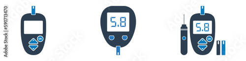 Glucometer Icon Set. Collection of Diabetic Meter, Lancet Pen and Strip Icons. Editable Flat Vector Illustration.