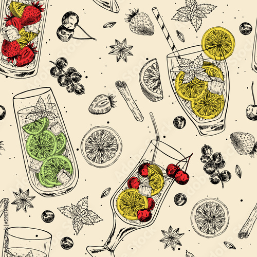 Seamless vector pattern with hand drawn mojito cocktails, lemonades. Cool summer texture with tropical drinks.