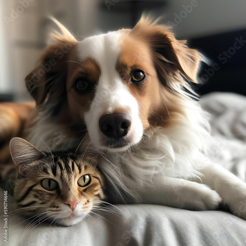 寄り添う猫と犬_Cuddly cat and dog_Generative AI © S-design