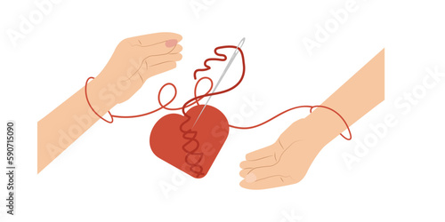 Red heart in hands man and woman. Hands sew up a broken heart. Reconciliation concept.