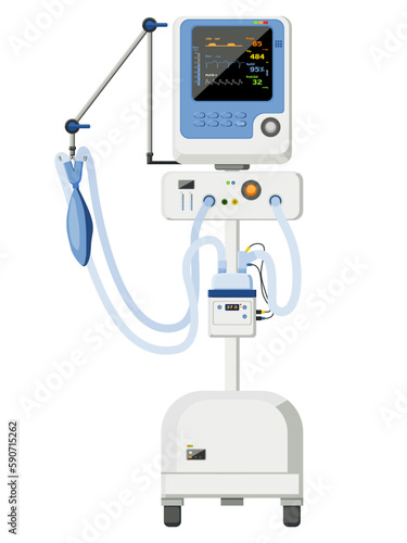 Medical equipment, ventilators on wheelchairs, screens showing patient vital signs Artificial lung at the end of the tube. Critically ill patients Life Support or Resuscitation