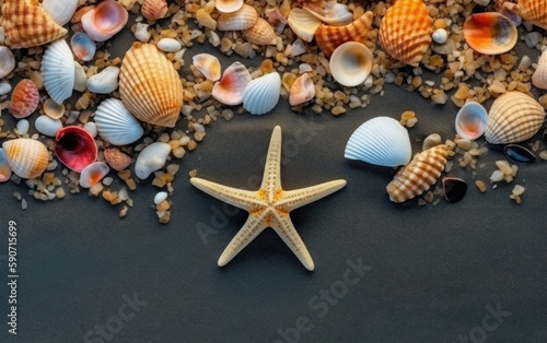 Starfish and seashells on the sand. Top view. Generative AI