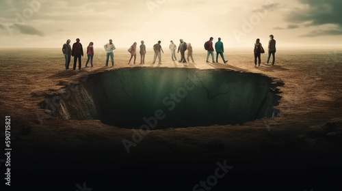 People around a hole in the earth. Conceptual. photo
