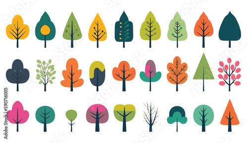 colorful flat abstract trees in the style of animated shapes set of vector with minimalist outlines