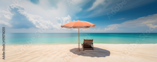 A dreamy beach paradise - beach chairs and an umbrella on a white sand beach with a peaceful blue sky and ocean. Perfect for travel and relaxation concepts. AI Generative.