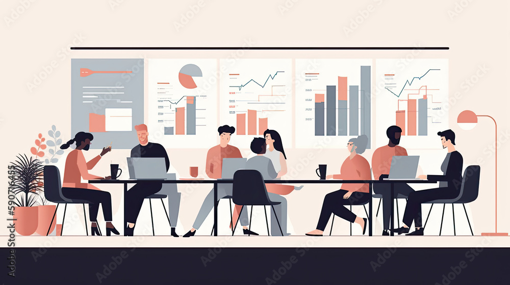 A group of people in business attire sitting around a conference table discussing financial reports, flat illustration A group of people in business attire sitting around a conference table discussing financial reports, flat illustration