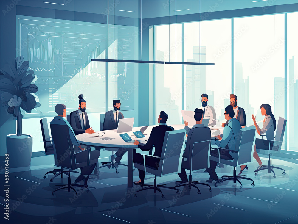 A group of people in business attire sitting around a conference table discussing financial reports, flat illustration A group of people in business attire sitting around a conference table discussing financial reports, flat illustration