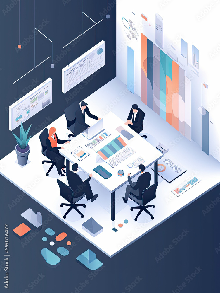 A group of people in business attire sitting around a conference table discussing financial reports, flat illustration A group of people in business attire sitting around a conference table discussing financial reports, flat illustration