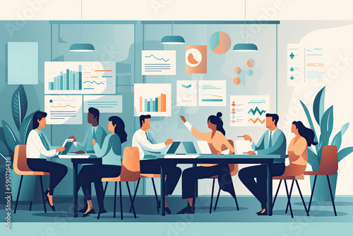 A group of people in business attire sitting around a conference table discussing financial reports, flat illustration © ktianngoen0128