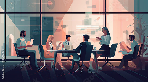 A group of people in business attire sitting around a conference table discussing financial reports, flat illustration