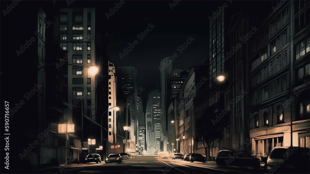 Cartoon city at nigh with skyline and nightlights