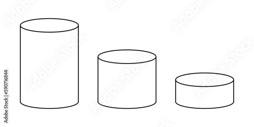 Set of black cylinder 3D shape in mathematics. Vector illustration isolated on white background.