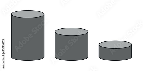 Set of grey cylinder 3D shape in mathematics. Vector illustration isolated on white background.