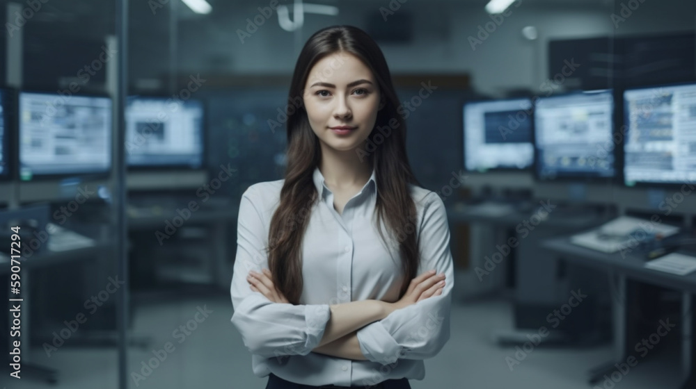 woman standing with arms folded smiling background is an many digital monitors setting space next to left for wording