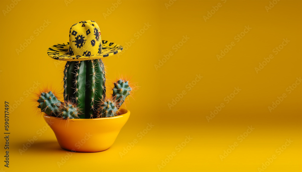 Illustration for Cinco De Mayo Cactus wearing a Mexican sombrero hat with copy space, Generative ai