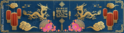 Happy chinese new year 2024 year of the chinese dragon zodiac with on color Background. ( Translation : happy new year, chinese dragon )