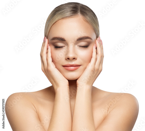 Woman Face Lifting Treatment. Women Facial and Body Skin Care. Beauty Model holding Head in Hands with Closed Eyes. Beautiful Girl Massage Face over White