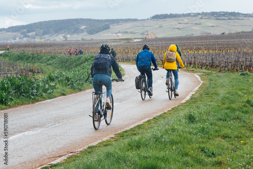 Un groupe de touristes en vélo dans le vignoble en France. Visite de cyclistes étrangers des vignes en Bourgogne. Balade en bicyclette sous la pluie. Tourisme des vignes. Vélo route en Côte-d'Or. Rain
