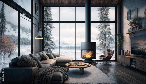 Cozy Living Room with Fireplace and Winter View