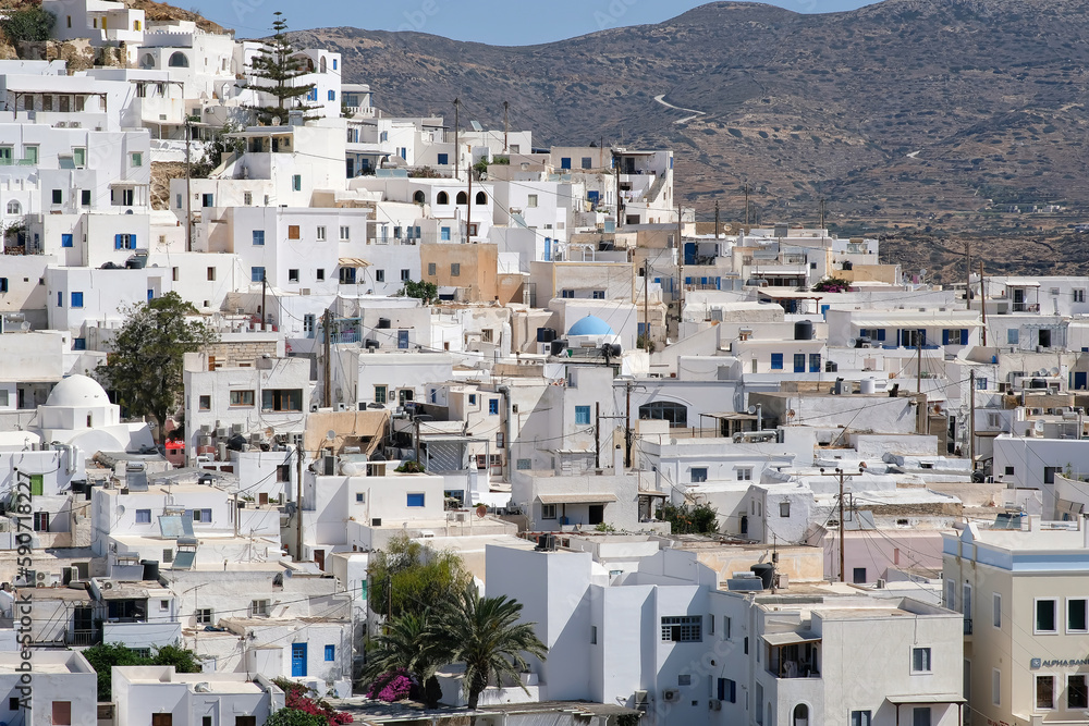 Panoramic view of the picturesque and whitewashed island of Ios Greece