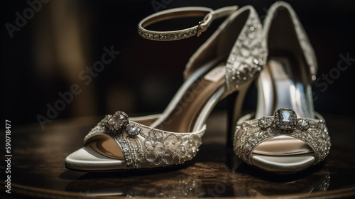 single stone wedding ring among bridal shoes standing side by side photo