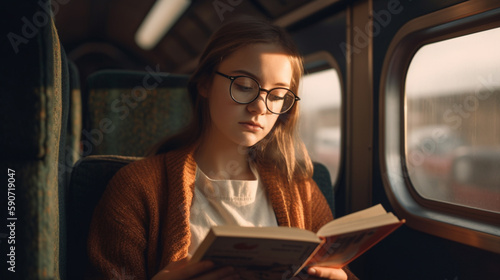 Young woman reading a book on a train journey © bahadirbermekphoto