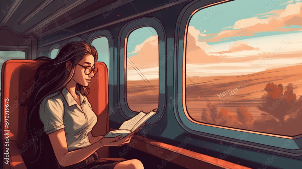 Fototapeta premium Young woman reading a book on a train journey. Vector art Generative AI