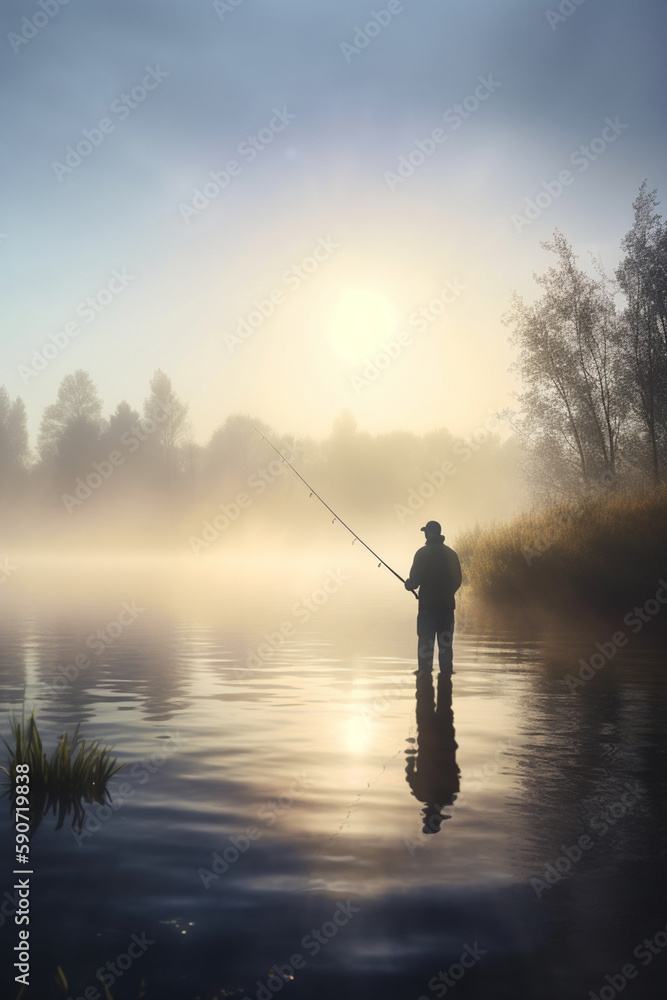 Fishing at Dawn: Angler in the misty lake with fishing rod Fishing at Dawn: Angler in the misty lake with fishing rod