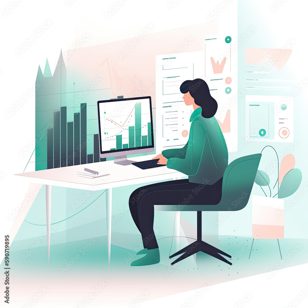 A person typing on a computer while sitting at a desk with charts and graphs in the background, flat illustration A person typing on a computer while sitting at a desk with charts and graphs in the background, flat illustration