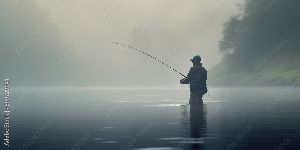 Fishing at Dawn: Angler in the misty lake with fishing rod