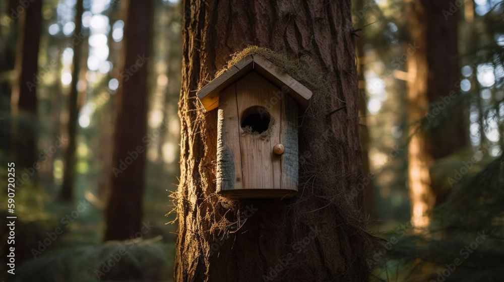 Inside the forest, wooden birdhouse attached to a pine tree trunk