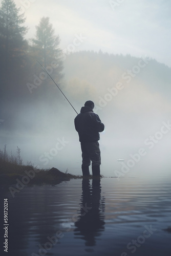 Fishing at Dawn: Angler in the misty lake with fishing rod © artefacti