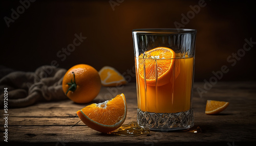 Glass of orange fruit juice on Black wooden background, generative ai