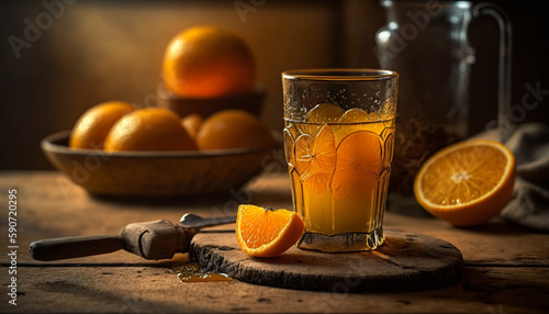 Glass of fresh orange fruit juice on Black wooden background, generative ai
