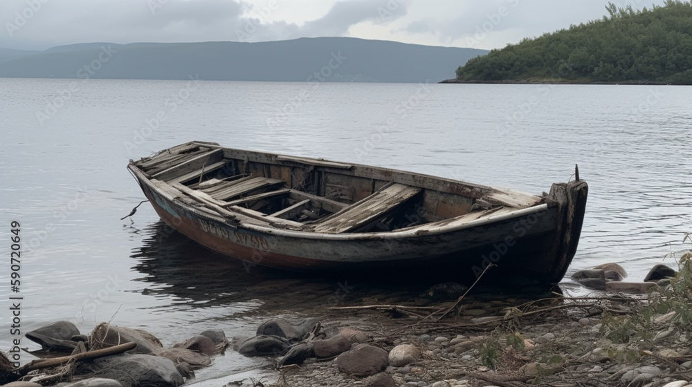 damaged boat by the lake Generative AI