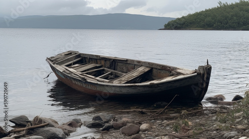 damaged boat by the lake Generative AI