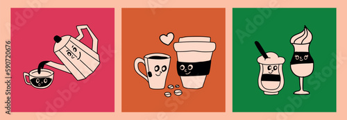 Coffee cup. Pot character posters. Espresso disposable or ceramic glass. Restaurant beverages. Hand drawn caffeinated desserts. Kettle pouring drink into mug. Vector recent cards set