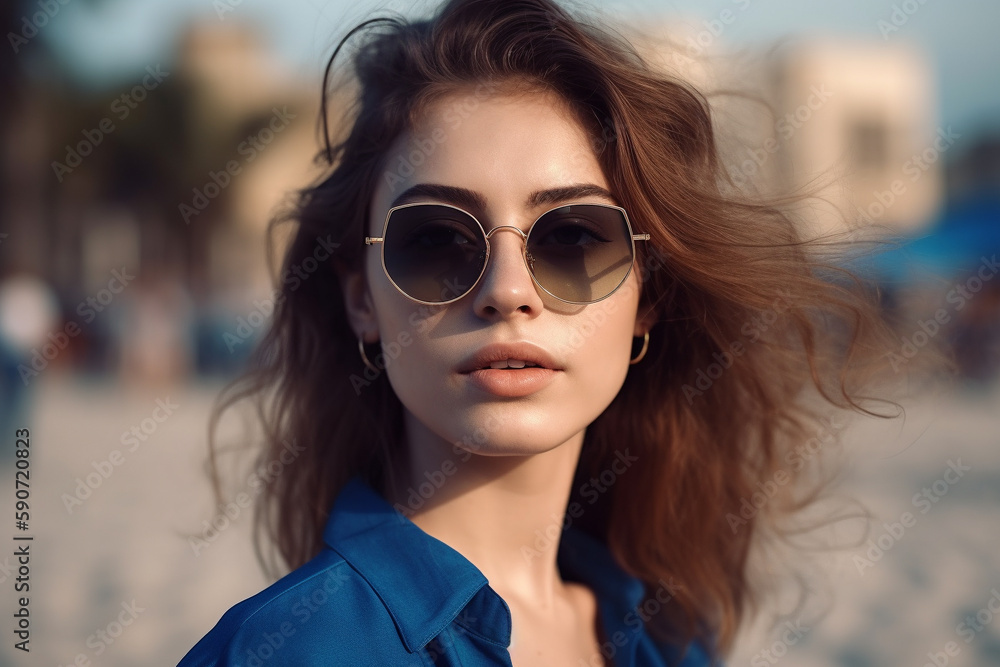 Portrait of a beautiful young girl on a beach in the summer. Generative AI Portrait of a beautiful young girl on a beach in the summer. Generative AI