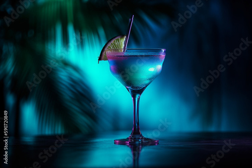 Conceptual illustration of an exotic cocktail with a tropical beach on the background. Generative AI photo