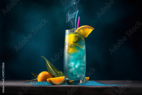 Conceptual illustration of an exotic cocktail with a tropical beach on the background. Generative AI photo