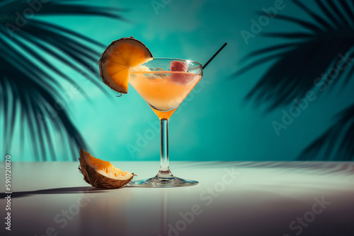 Conceptual illustration of an exotic cocktail with a tropical beach on the background. Generative AI