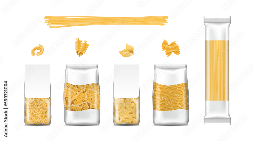 Spaghetti packaging. Noodle bag. Pasta packages. 3D food pack. Wheat