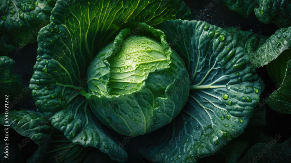 Obraz premium Cabbage, adorned with glistening droplets of water. Generative AI