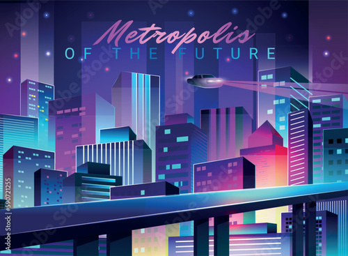 Futuristic city background. Night cityscape. Digital neon buildings. Future town. Cyberpunk glow skyline. Metropolis skyscrapers. Automobile bridge. Vector garish modern urban landscape
